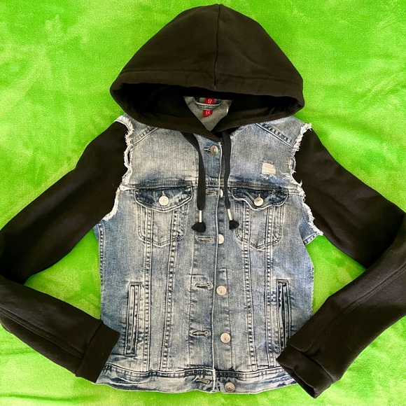 H&M Hooded Blue Jean Jacket with Black Sleeves - Picture 1 of 13